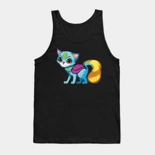 Adorable Cartoon Cat with Golden Tail and Backpack Tank Top